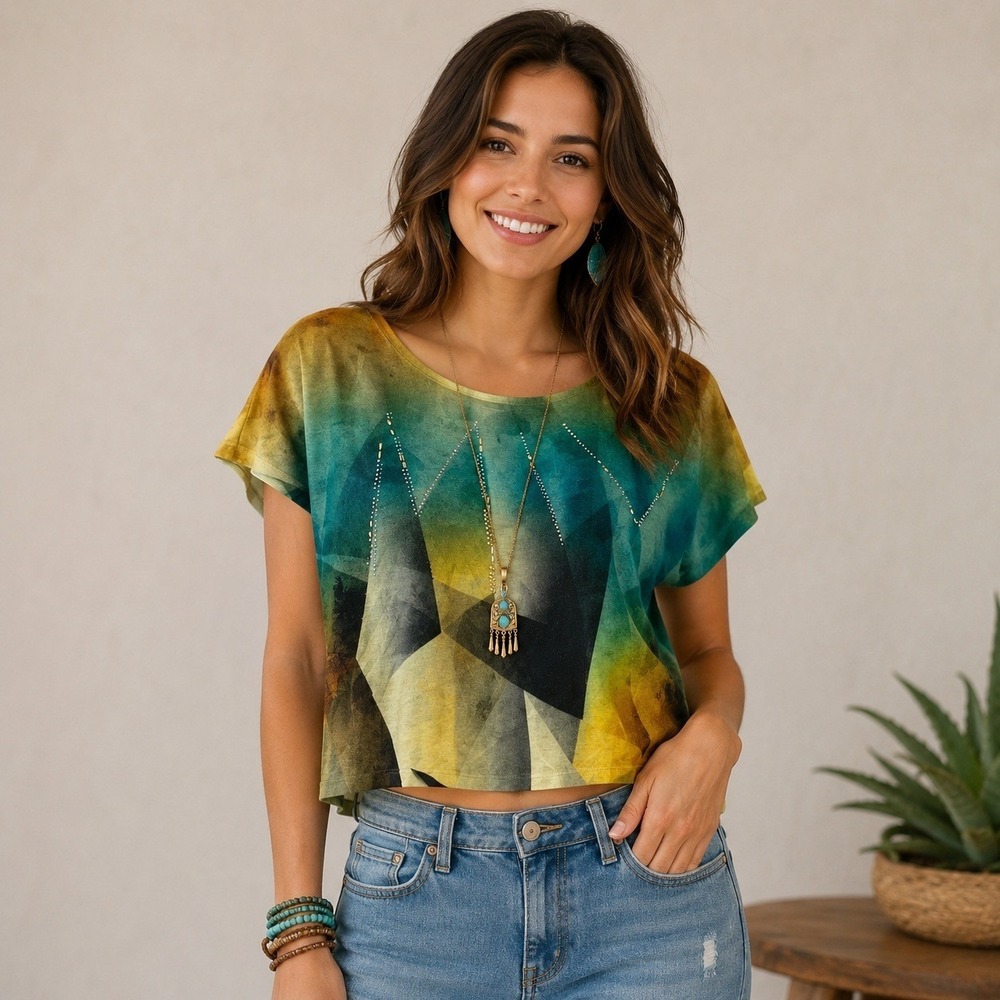 New Directions Top Womens Small Oversized Crop Yellow Green Polyester Beaded